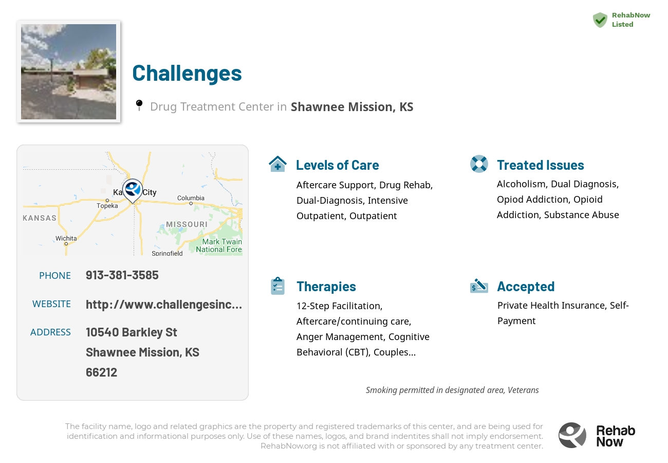 Helpful reference information for Challenges, a drug treatment center in Kansas located at: 10540 Barkley St, Shawnee Mission, KS 66212, including phone numbers, official website, and more. Listed briefly is an overview of Levels of Care, Therapies Offered, Issues Treated, and accepted forms of Payment Methods.