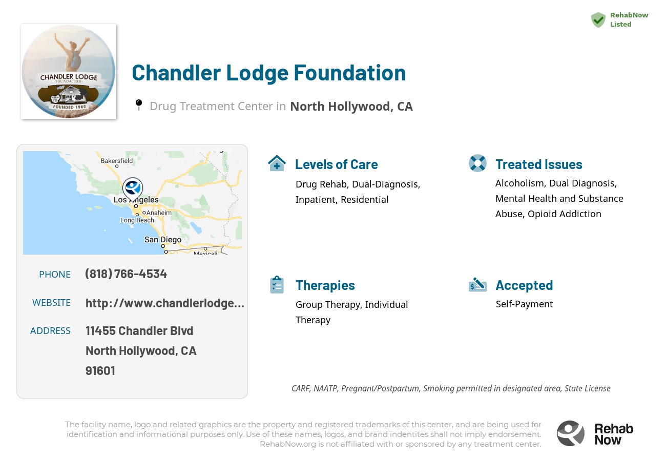 Helpful reference information for Chandler Lodge Foundation, a drug treatment center in California located at: 11455 Chandler Blvd, North Hollywood, CA 91601, including phone numbers, official website, and more. Listed briefly is an overview of Levels of Care, Therapies Offered, Issues Treated, and accepted forms of Payment Methods.