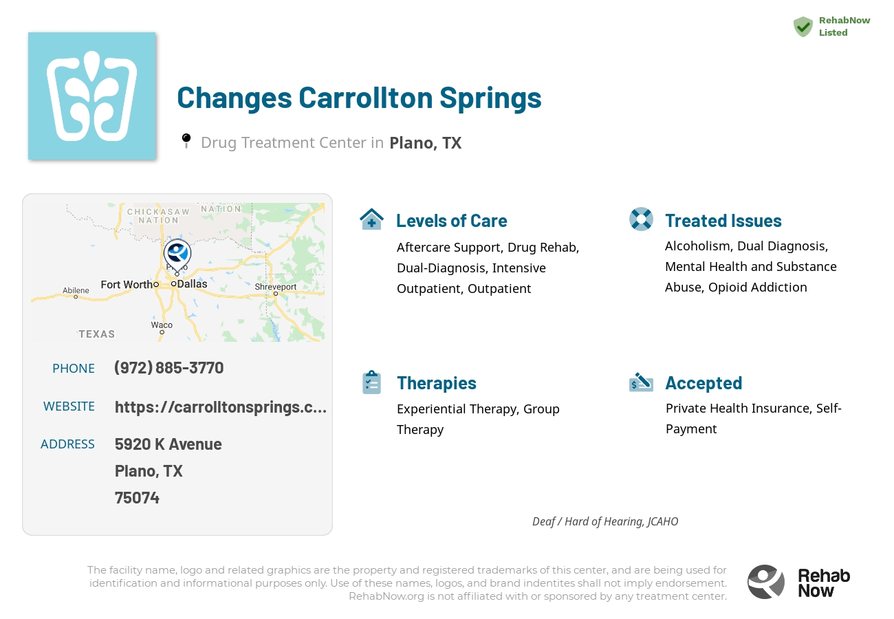 Helpful reference information for Changes Carrollton Springs, a drug treatment center in Texas located at: 5920 K Avenue, Plano, TX 75074, including phone numbers, official website, and more. Listed briefly is an overview of Levels of Care, Therapies Offered, Issues Treated, and accepted forms of Payment Methods.