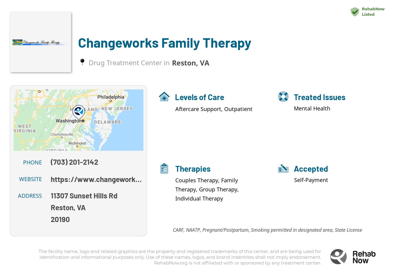 Helpful reference information for Changeworks Family Therapy, a drug treatment center in Virginia located at: 11307 Sunset Hills Rd, Reston, VA 20190, including phone numbers, official website, and more. Listed briefly is an overview of Levels of Care, Therapies Offered, Issues Treated, and accepted forms of Payment Methods.