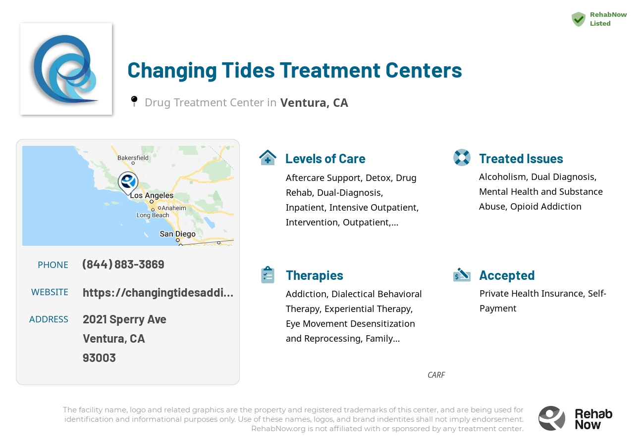Helpful reference information for Changing Tides Treatment Centers, a drug treatment center in California located at: 2021 Sperry Ave, Ventura, CA 93003, including phone numbers, official website, and more. Listed briefly is an overview of Levels of Care, Therapies Offered, Issues Treated, and accepted forms of Payment Methods.