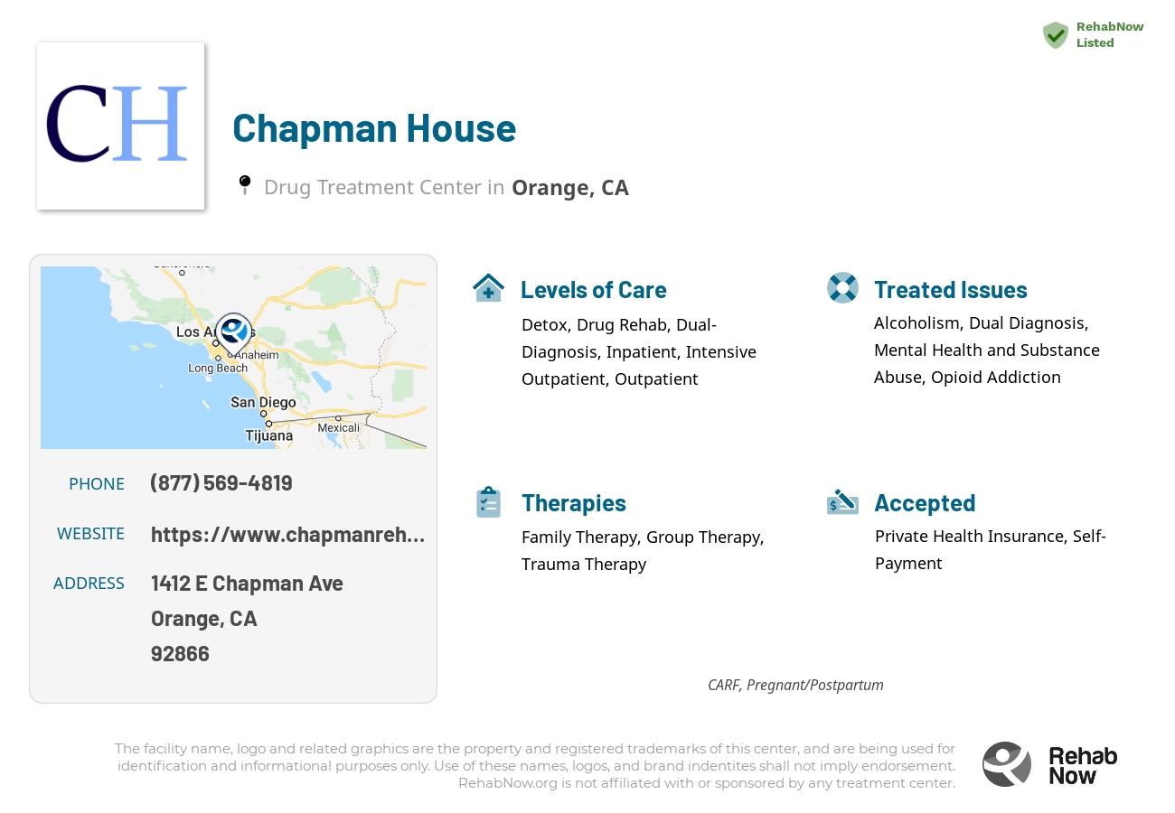 Helpful reference information for Chapman House, a drug treatment center in California located at: 1412 E Chapman Ave, Orange, CA 92866, including phone numbers, official website, and more. Listed briefly is an overview of Levels of Care, Therapies Offered, Issues Treated, and accepted forms of Payment Methods.