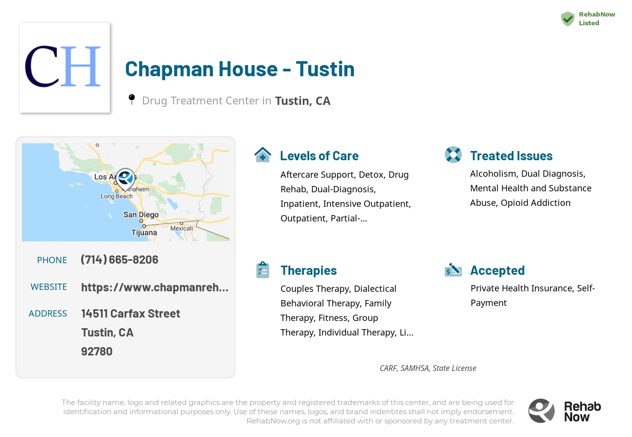 Helpful reference information for Chapman House - Tustin, a drug treatment center in California located at: 14511 Carfax Street, Tustin, CA, 92780, including phone numbers, official website, and more. Listed briefly is an overview of Levels of Care, Therapies Offered, Issues Treated, and accepted forms of Payment Methods.