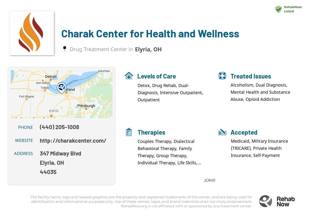 Helpful reference information for Charak Center for Health and Wellness, a drug treatment center in Ohio located at: 347 Midway Blvd, Elyria, OH 44035, including phone numbers, official website, and more. Listed briefly is an overview of Levels of Care, Therapies Offered, Issues Treated, and accepted forms of Payment Methods.