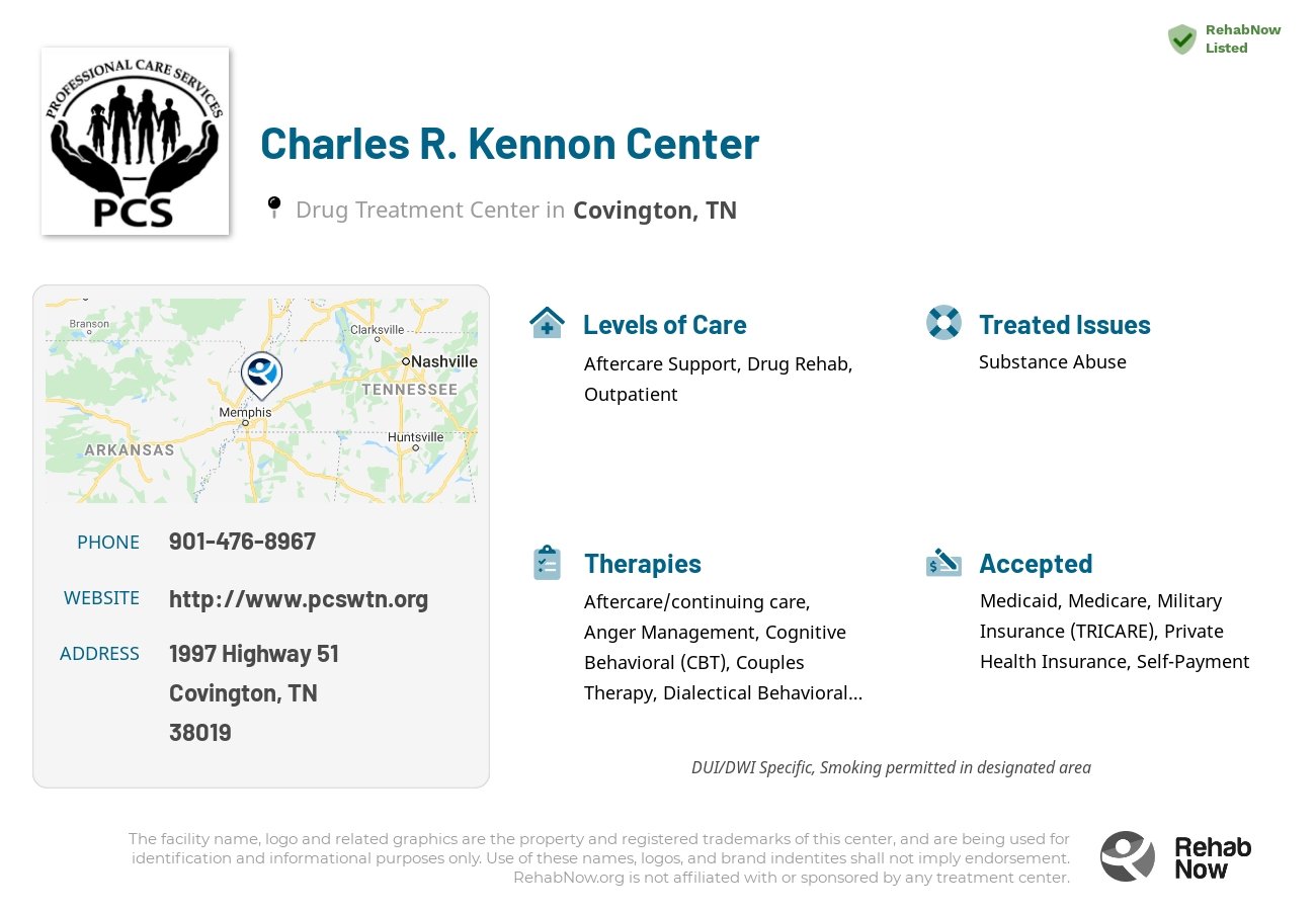 Helpful reference information for Charles R. Kennon Center, a drug treatment center in Tennessee located at: 1997 Highway 51, Covington, TN 38019, including phone numbers, official website, and more. Listed briefly is an overview of Levels of Care, Therapies Offered, Issues Treated, and accepted forms of Payment Methods.