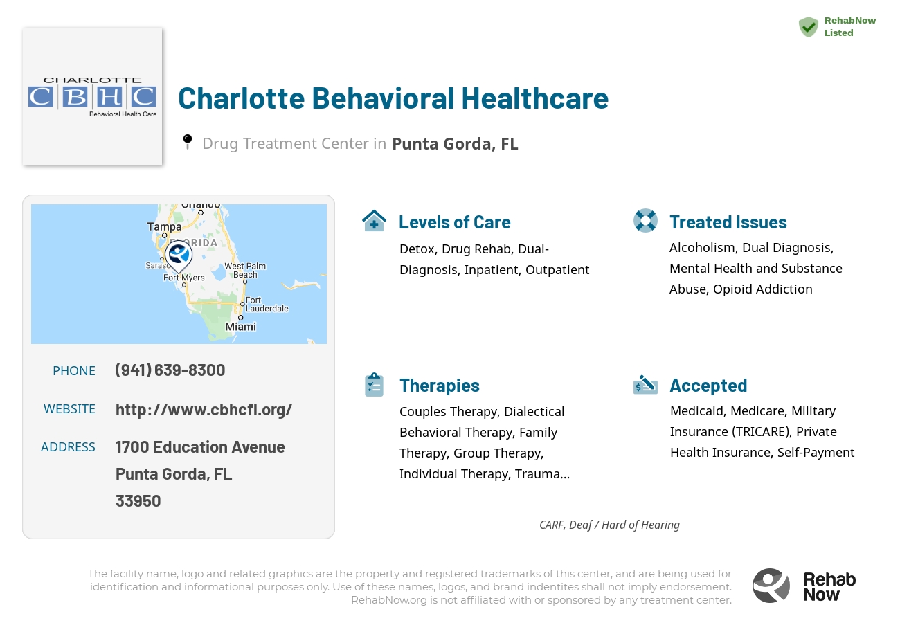 Helpful reference information for Charlotte Behavioral Healthcare, a drug treatment center in Florida located at: 1700 Education Avenue, Punta Gorda, FL, 33950, including phone numbers, official website, and more. Listed briefly is an overview of Levels of Care, Therapies Offered, Issues Treated, and accepted forms of Payment Methods.