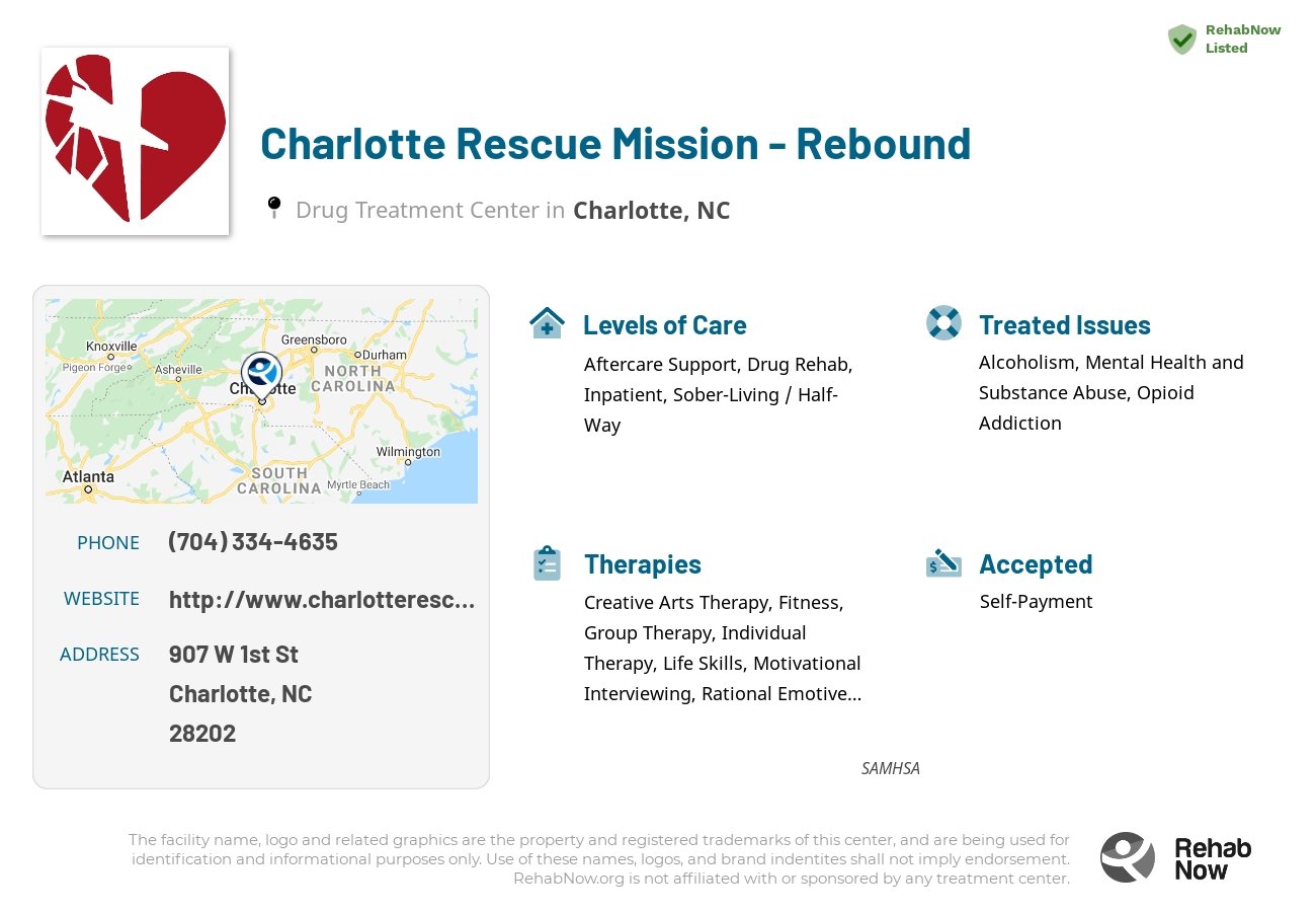 Helpful reference information for Charlotte Rescue Mission - Rebound, a drug treatment center in North Carolina located at: 907 W 1st St, Charlotte, NC 28202, including phone numbers, official website, and more. Listed briefly is an overview of Levels of Care, Therapies Offered, Issues Treated, and accepted forms of Payment Methods.