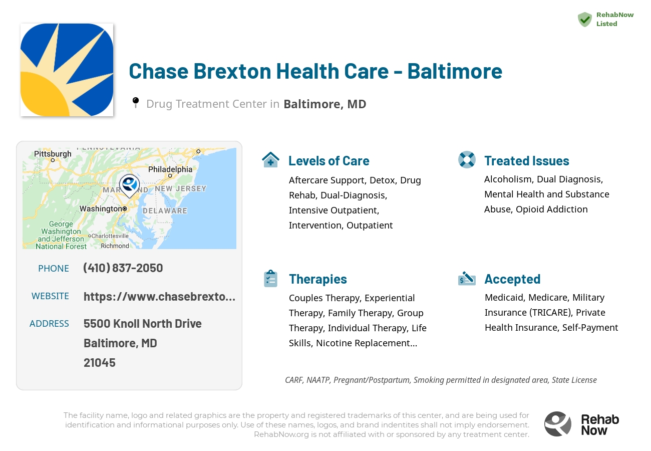 Helpful reference information for Chase Brexton Health Care - Baltimore, a drug treatment center in Maryland located at: 5500 Knoll North Drive, Baltimore, MD, 21045, including phone numbers, official website, and more. Listed briefly is an overview of Levels of Care, Therapies Offered, Issues Treated, and accepted forms of Payment Methods.