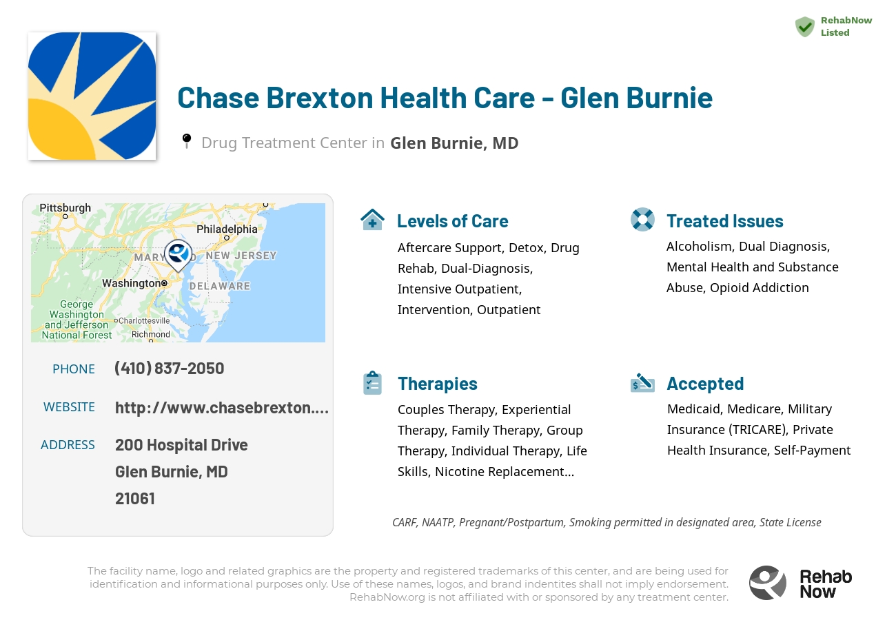 Helpful reference information for Chase Brexton Health Care - Glen Burnie, a drug treatment center in Maryland located at: 200 Hospital Drive, Glen Burnie, MD, 21061, including phone numbers, official website, and more. Listed briefly is an overview of Levels of Care, Therapies Offered, Issues Treated, and accepted forms of Payment Methods.