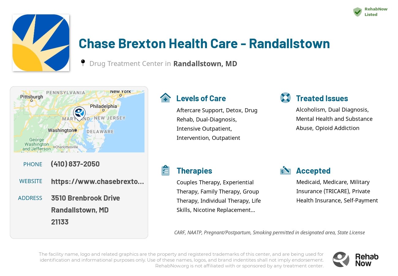 Helpful reference information for Chase Brexton Health Care - Randallstown, a drug treatment center in Maryland located at: 3510 Brenbrook Drive, Randallstown, MD, 21133, including phone numbers, official website, and more. Listed briefly is an overview of Levels of Care, Therapies Offered, Issues Treated, and accepted forms of Payment Methods.