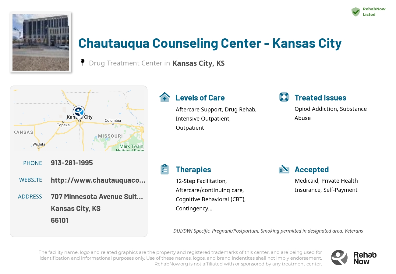 Helpful reference information for Chautauqua Counseling Center - Kansas City, a drug treatment center in Kansas located at: 707 Minnesota Avenue Suite 507, Kansas City, KS 66101, including phone numbers, official website, and more. Listed briefly is an overview of Levels of Care, Therapies Offered, Issues Treated, and accepted forms of Payment Methods.