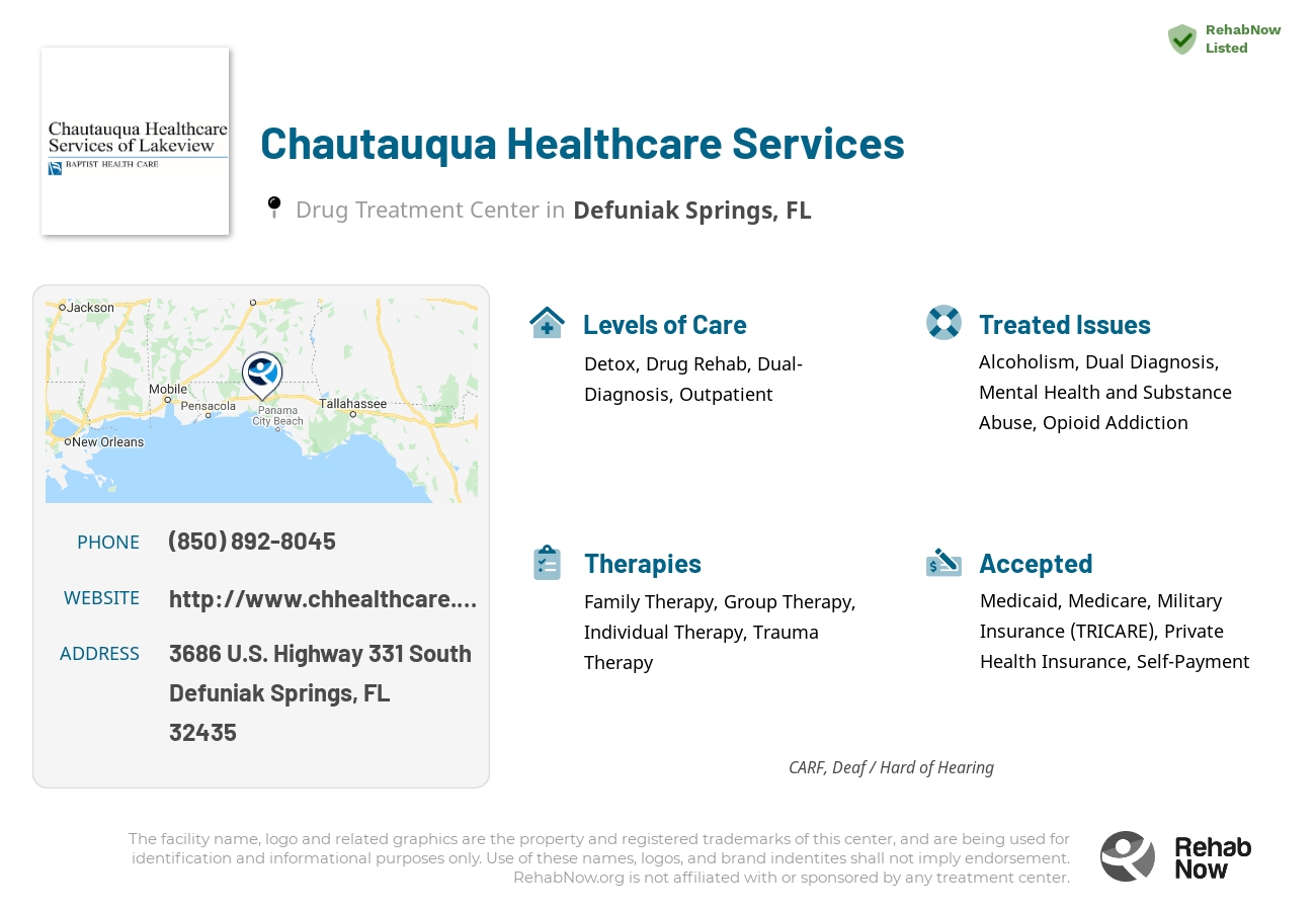 Helpful reference information for Chautauqua Healthcare Services, a drug treatment center in Florida located at: 3686 U.S. Highway 331 South, Defuniak Springs, FL 32435, including phone numbers, official website, and more. Listed briefly is an overview of Levels of Care, Therapies Offered, Issues Treated, and accepted forms of Payment Methods.