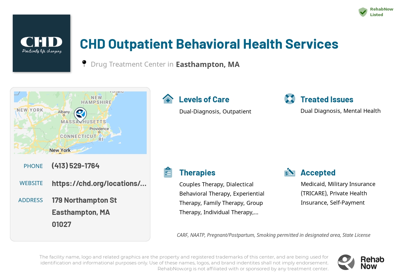 Helpful reference information for CHD Outpatient Behavioral Health Services, a drug treatment center in Massachusetts located at: 179 Northampton St, Easthampton, MA 01027, including phone numbers, official website, and more. Listed briefly is an overview of Levels of Care, Therapies Offered, Issues Treated, and accepted forms of Payment Methods.