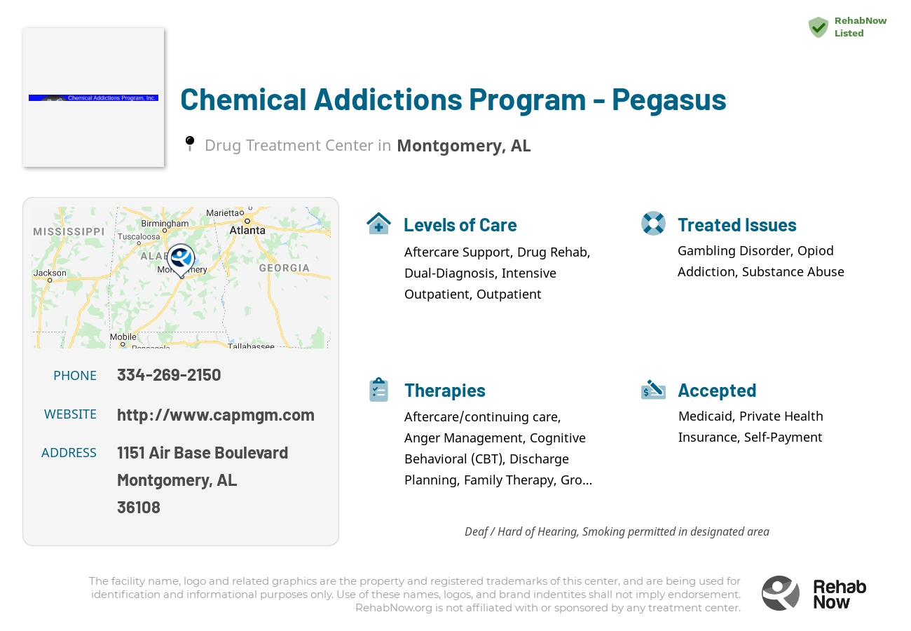 Helpful reference information for Chemical Addictions Program - Pegasus, a drug treatment center in Alabama located at: 1151 Air Base Boulevard, Montgomery, AL 36108, including phone numbers, official website, and more. Listed briefly is an overview of Levels of Care, Therapies Offered, Issues Treated, and accepted forms of Payment Methods.