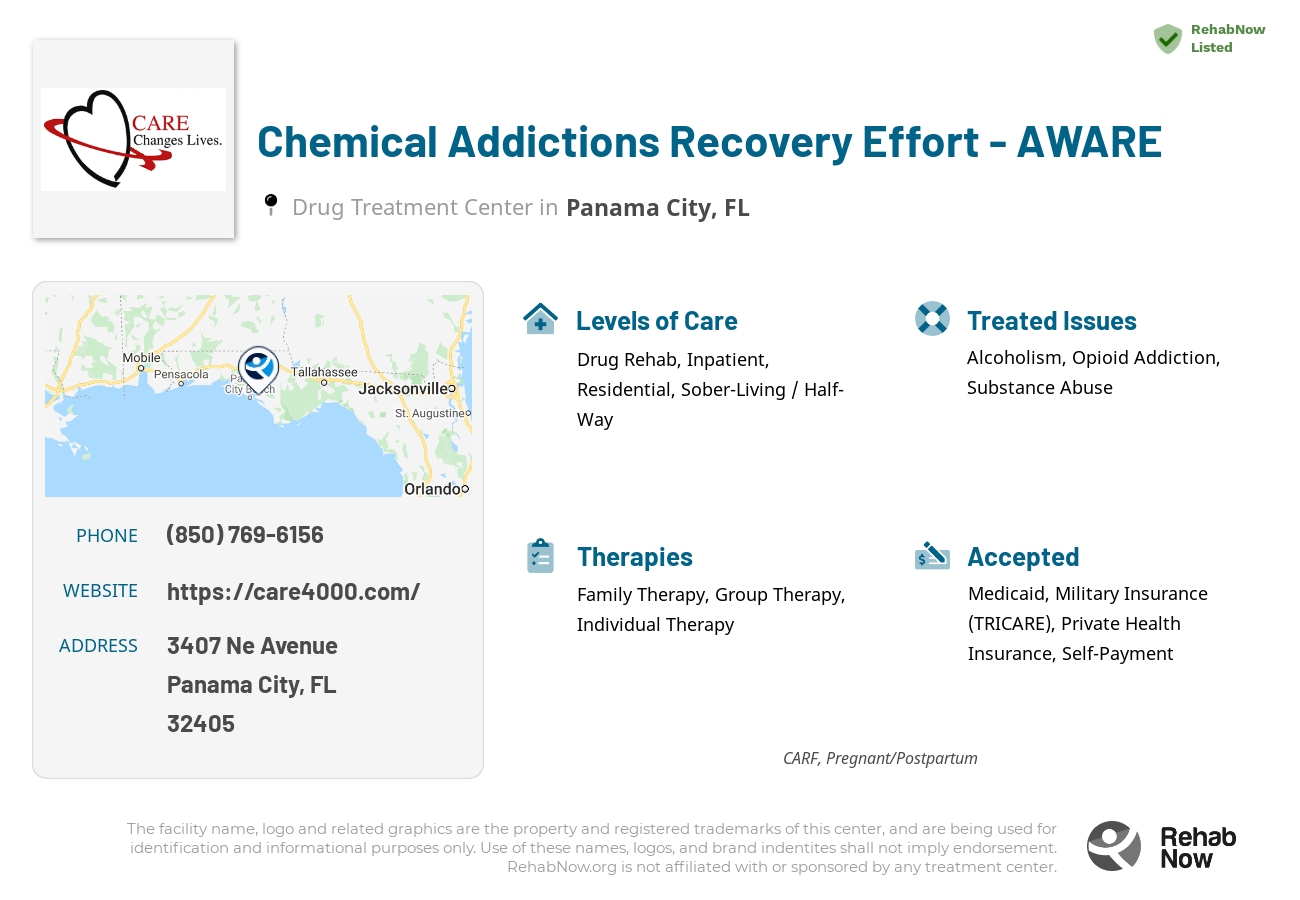 Helpful reference information for Chemical Addictions Recovery Effort - AWARE, a drug treatment center in Florida located at: 3407 Ne Avenue, Panama City, FL, 32405, including phone numbers, official website, and more. Listed briefly is an overview of Levels of Care, Therapies Offered, Issues Treated, and accepted forms of Payment Methods.