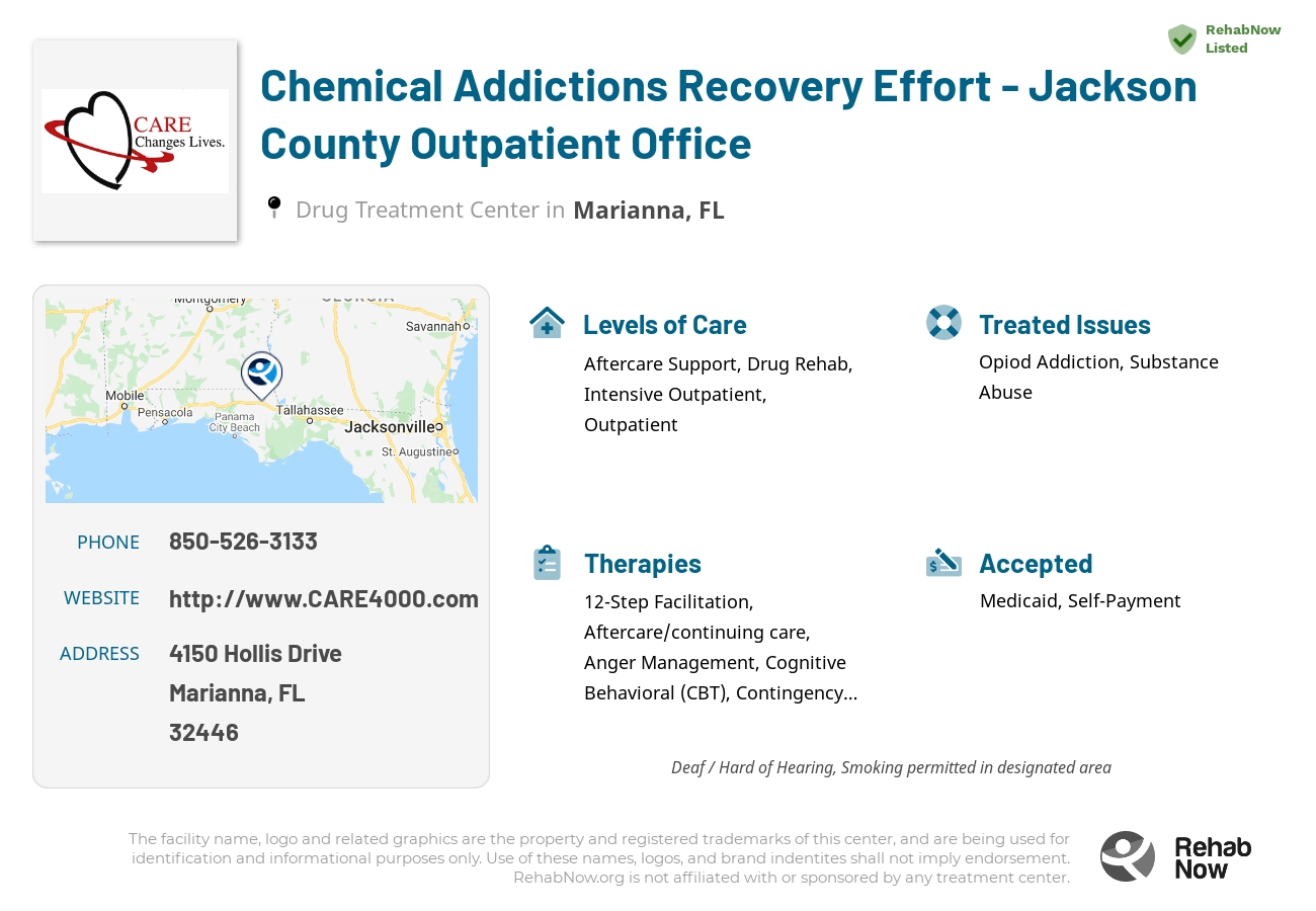 Helpful reference information for Chemical Addictions Recovery Effort - Jackson County Outpatient Office, a drug treatment center in Florida located at: 4150 Hollis Drive, Marianna, FL 32446, including phone numbers, official website, and more. Listed briefly is an overview of Levels of Care, Therapies Offered, Issues Treated, and accepted forms of Payment Methods.