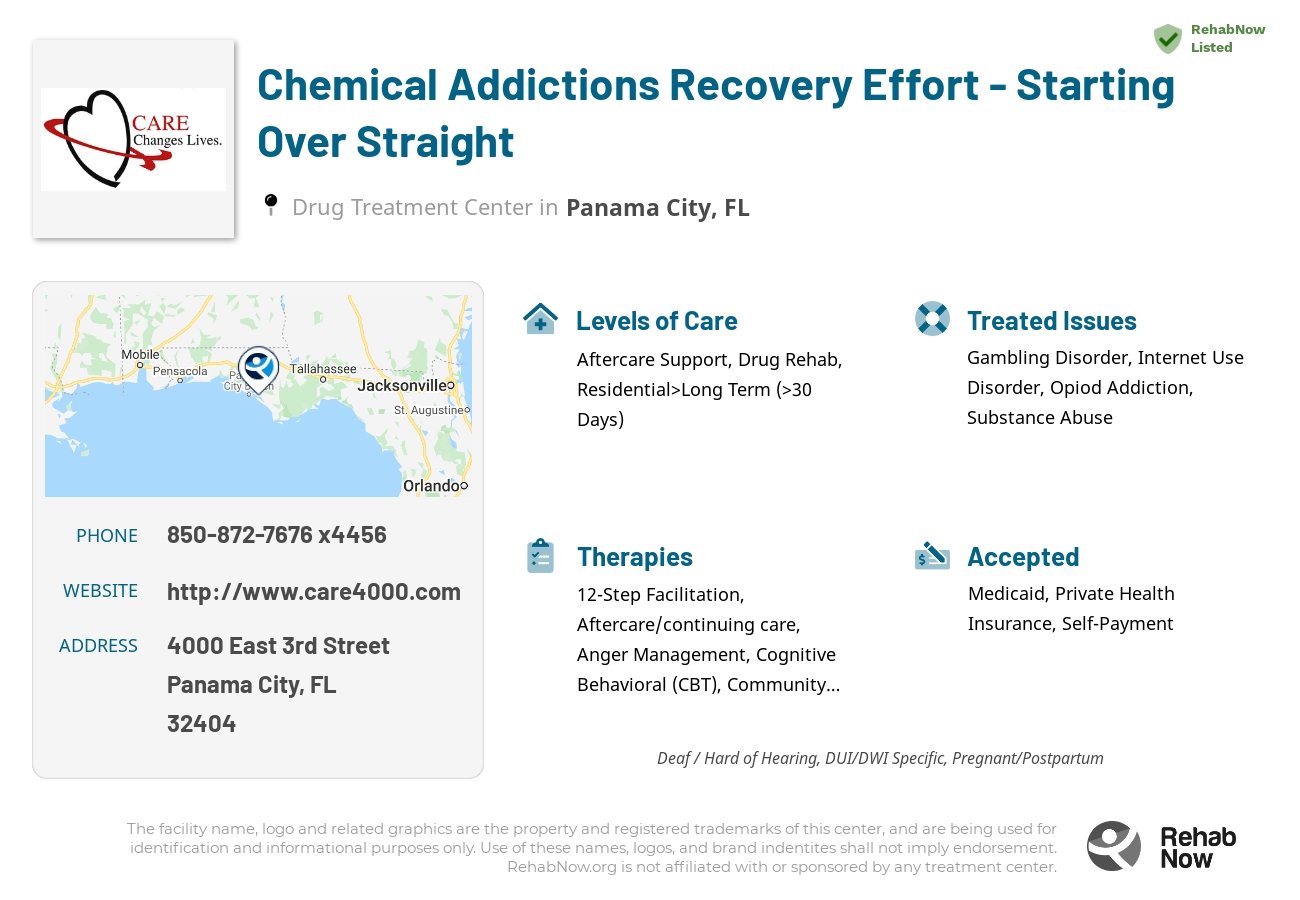 Helpful reference information for Chemical Addictions Recovery Effort - Starting Over Straight, a drug treatment center in Florida located at: 4000 East 3rd Street, Panama City, FL 32404, including phone numbers, official website, and more. Listed briefly is an overview of Levels of Care, Therapies Offered, Issues Treated, and accepted forms of Payment Methods.