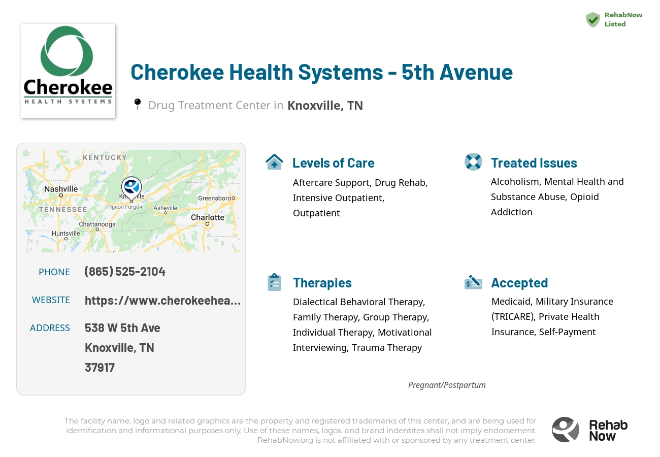 Helpful reference information for Cherokee Health Systems - 5th Avenue, a drug treatment center in Tennessee located at: 538 W 5th Ave, Knoxville, TN 37917, including phone numbers, official website, and more. Listed briefly is an overview of Levels of Care, Therapies Offered, Issues Treated, and accepted forms of Payment Methods.