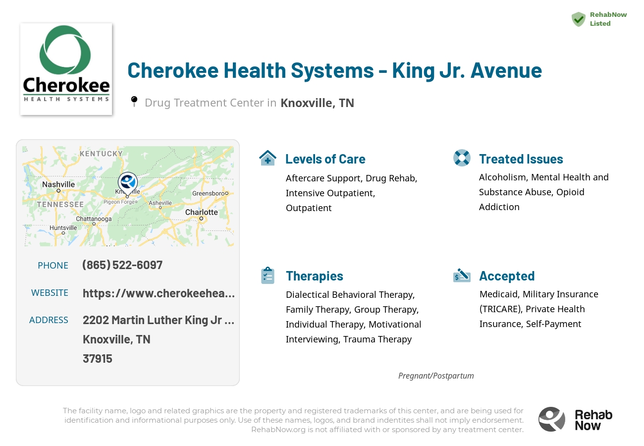 Helpful reference information for Cherokee Health Systems - King Jr. Avenue, a drug treatment center in Tennessee located at: 2202 Martin Luther King Jr Ave, Knoxville, TN 37915, including phone numbers, official website, and more. Listed briefly is an overview of Levels of Care, Therapies Offered, Issues Treated, and accepted forms of Payment Methods.