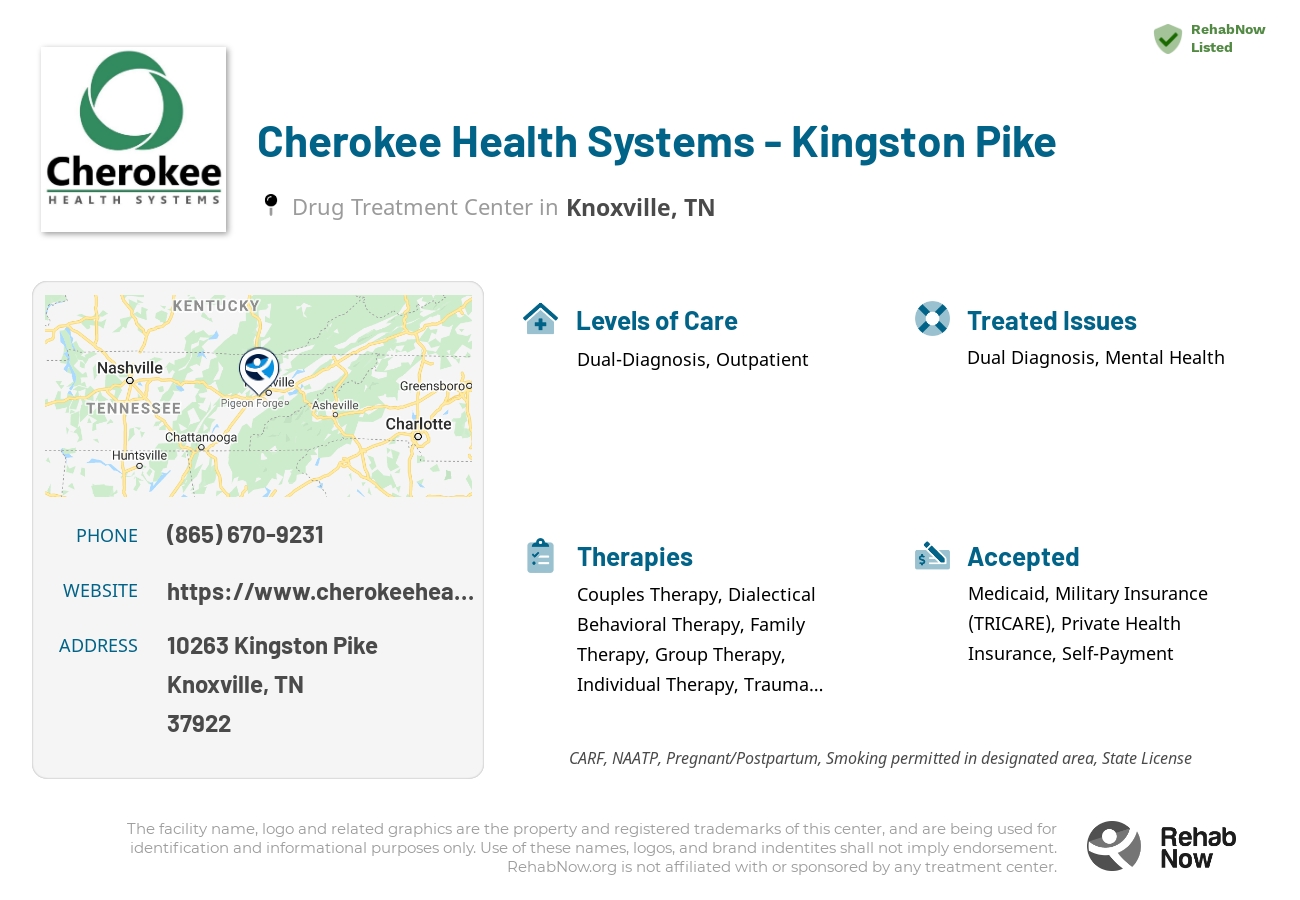 Helpful reference information for Cherokee Health Systems - Kingston Pike, a drug treatment center in Tennessee located at: 10263 Kingston Pike, Knoxville, TN 37922, including phone numbers, official website, and more. Listed briefly is an overview of Levels of Care, Therapies Offered, Issues Treated, and accepted forms of Payment Methods.