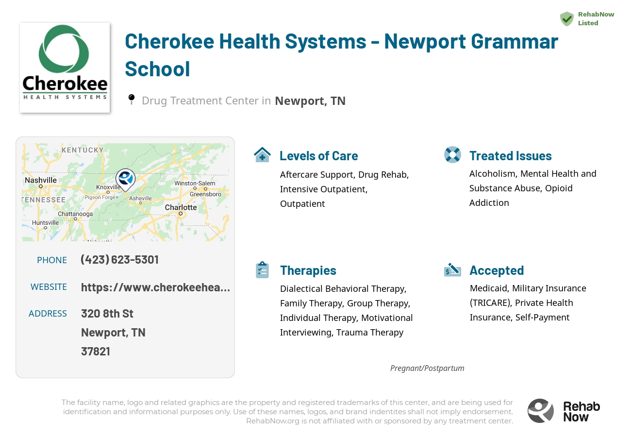 Helpful reference information for Cherokee Health Systems - Newport Grammar School, a drug treatment center in Tennessee located at: 320 8th St, Newport, TN 37821, including phone numbers, official website, and more. Listed briefly is an overview of Levels of Care, Therapies Offered, Issues Treated, and accepted forms of Payment Methods.