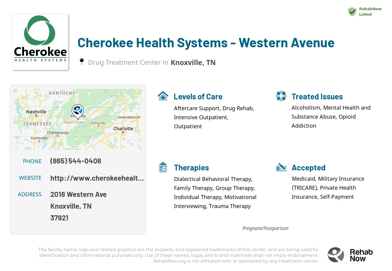 Helpful reference information for Cherokee Health Systems - Western Avenue, a drug treatment center in Tennessee located at: 2018 Western Ave, Knoxville, TN 37921, including phone numbers, official website, and more. Listed briefly is an overview of Levels of Care, Therapies Offered, Issues Treated, and accepted forms of Payment Methods.