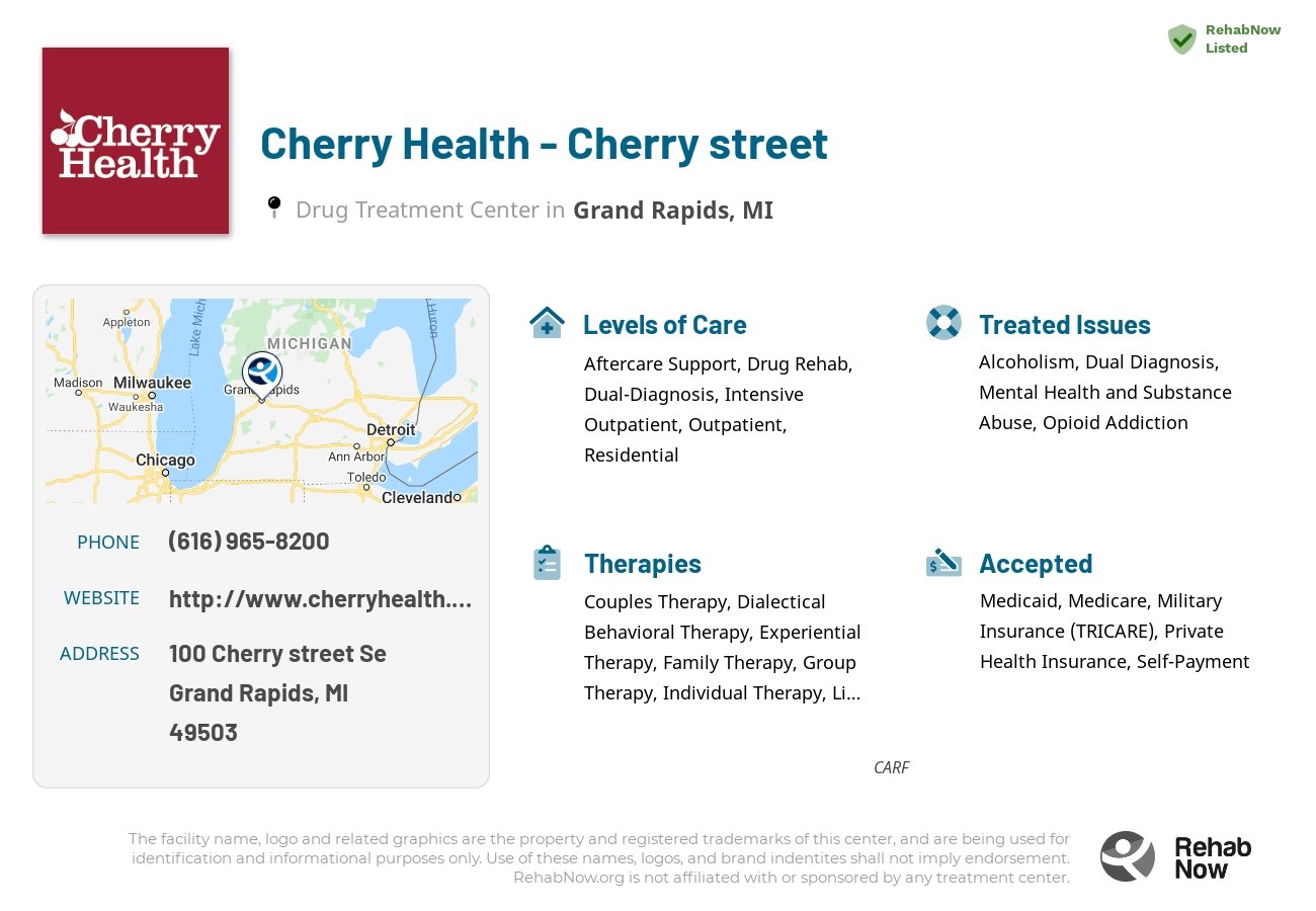 Helpful reference information for Cherry Health - Cherry street, a drug treatment center in Michigan located at: 100 Cherry street Se, Grand Rapids, MI, 49503, including phone numbers, official website, and more. Listed briefly is an overview of Levels of Care, Therapies Offered, Issues Treated, and accepted forms of Payment Methods.