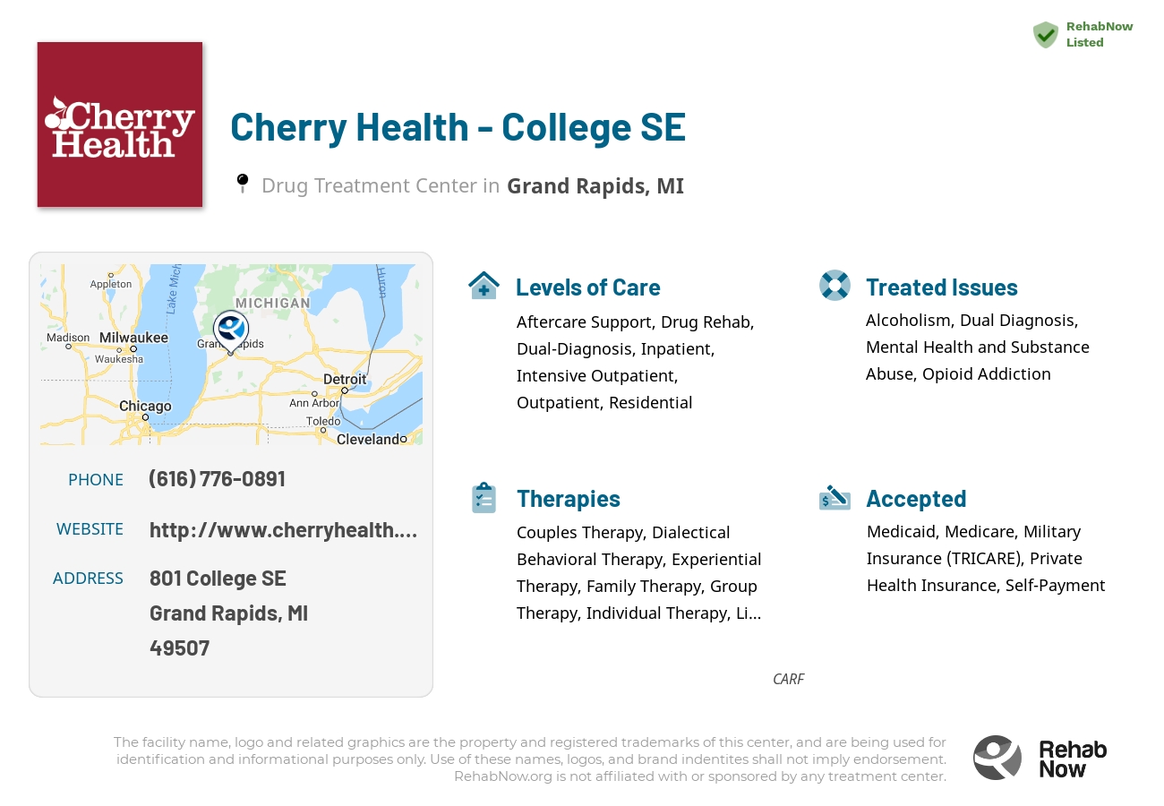 Helpful reference information for Cherry Health - College SE, a drug treatment center in Michigan located at: 801 College SE, Grand Rapids, MI, 49507, including phone numbers, official website, and more. Listed briefly is an overview of Levels of Care, Therapies Offered, Issues Treated, and accepted forms of Payment Methods.
