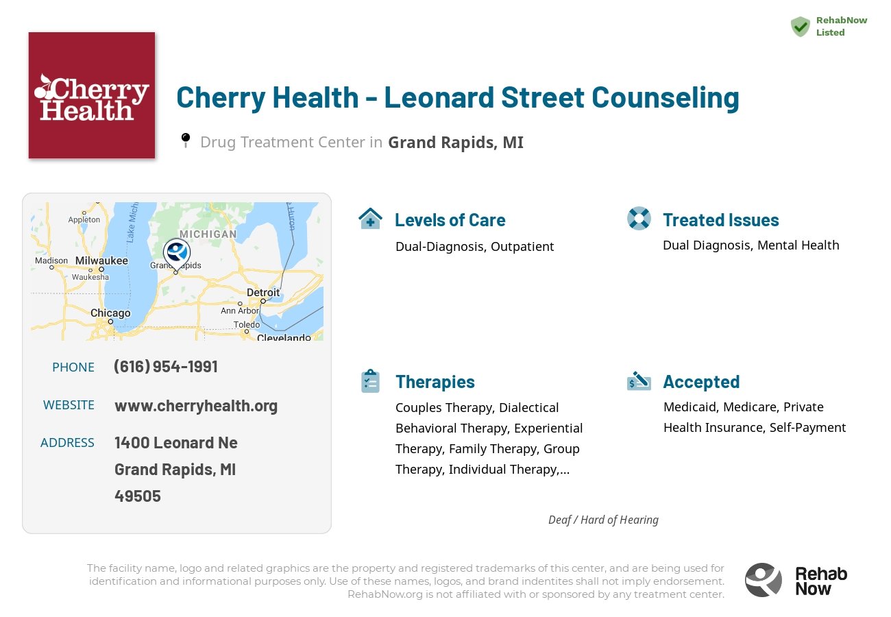Helpful reference information for Cherry Health - Leonard Street Counseling, a drug treatment center in Michigan located at: 1400 1400 Leonard Ne, Grand Rapids, MI 49505, including phone numbers, official website, and more. Listed briefly is an overview of Levels of Care, Therapies Offered, Issues Treated, and accepted forms of Payment Methods.