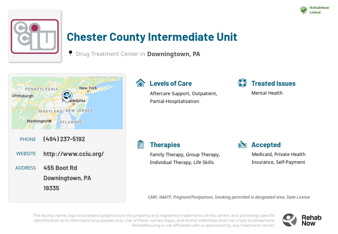 Helpful reference information for Chester County Intermediate Unit, a drug treatment center in Pennsylvania located at: 455 Boot Rd, Downingtown, PA 19335, including phone numbers, official website, and more. Listed briefly is an overview of Levels of Care, Therapies Offered, Issues Treated, and accepted forms of Payment Methods.