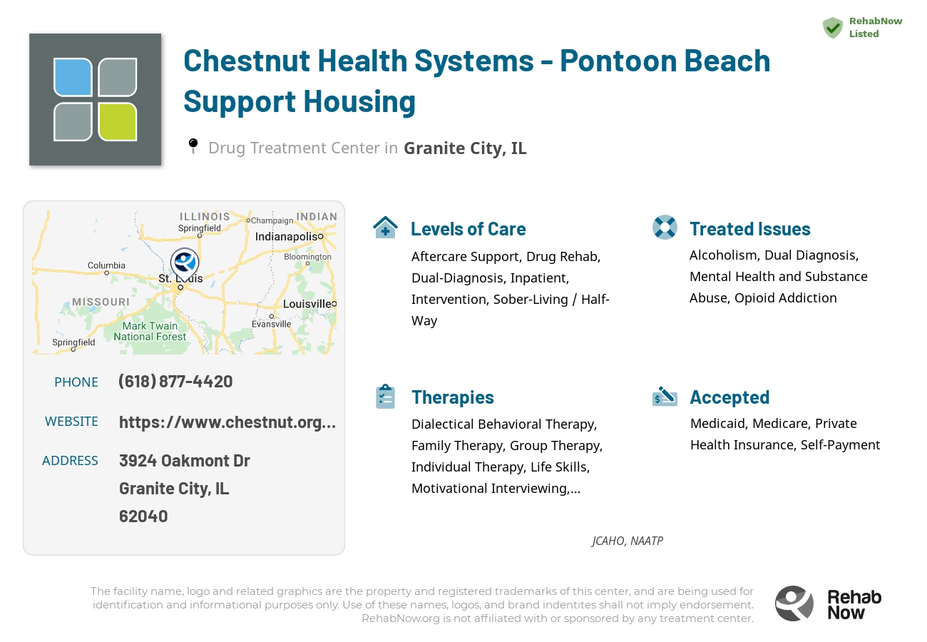 Helpful reference information for Chestnut Health Systems - Pontoon Beach Support Housing, a drug treatment center in Illinois located at: 3924 Oakmont Dr, Granite City, IL 62040, including phone numbers, official website, and more. Listed briefly is an overview of Levels of Care, Therapies Offered, Issues Treated, and accepted forms of Payment Methods.