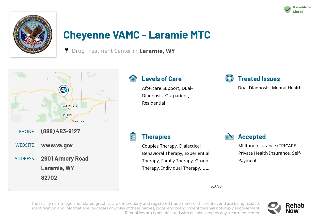 Helpful reference information for Cheyenne VAMC - Laramie MTC, a drug treatment center in Wyoming located at: 2901 2901 Armory Road, Laramie, WY 82702, including phone numbers, official website, and more. Listed briefly is an overview of Levels of Care, Therapies Offered, Issues Treated, and accepted forms of Payment Methods.