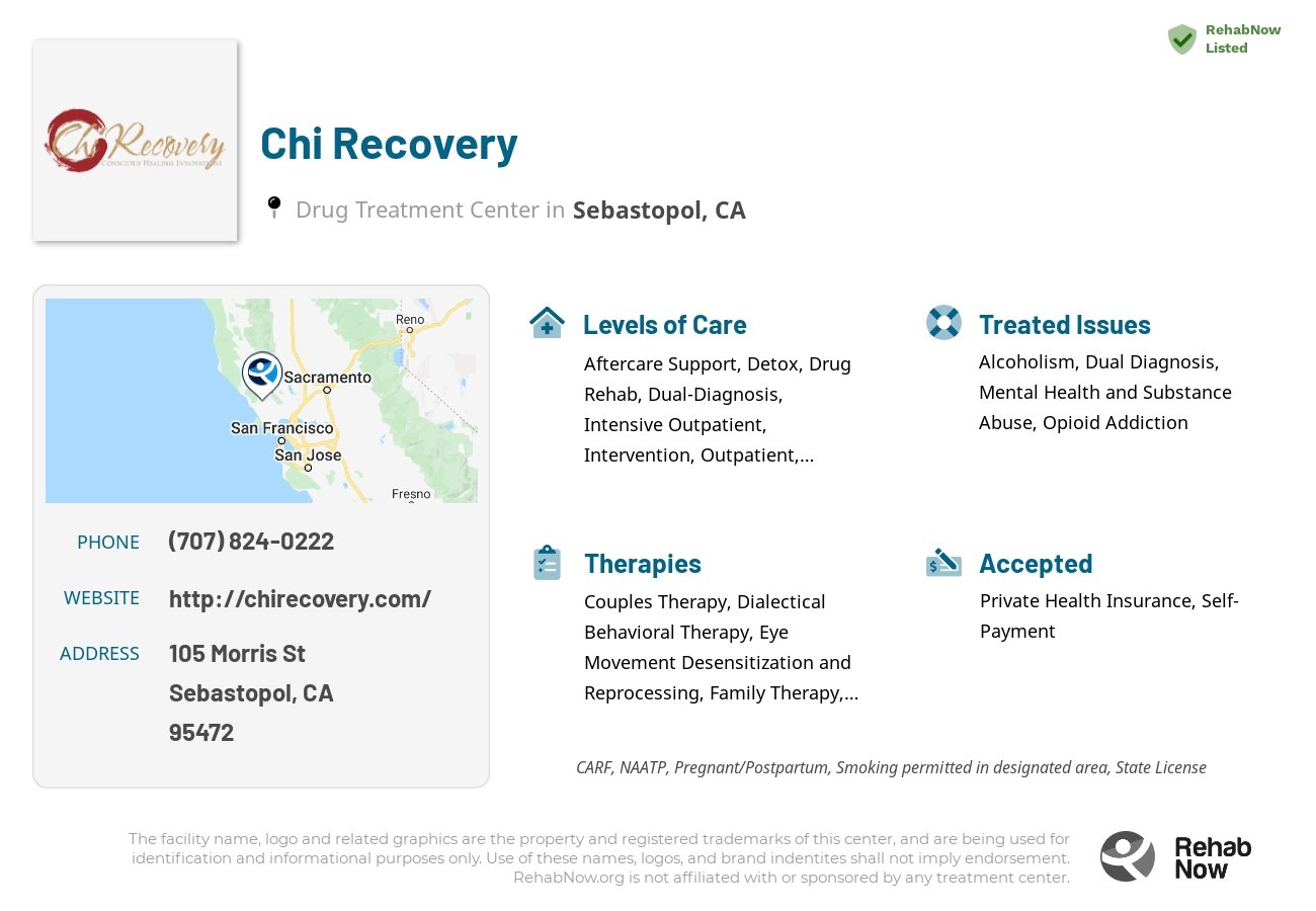 Helpful reference information for Chi Recovery, a drug treatment center in California located at: 105 Morris St, Sebastopol, CA 95472, including phone numbers, official website, and more. Listed briefly is an overview of Levels of Care, Therapies Offered, Issues Treated, and accepted forms of Payment Methods.