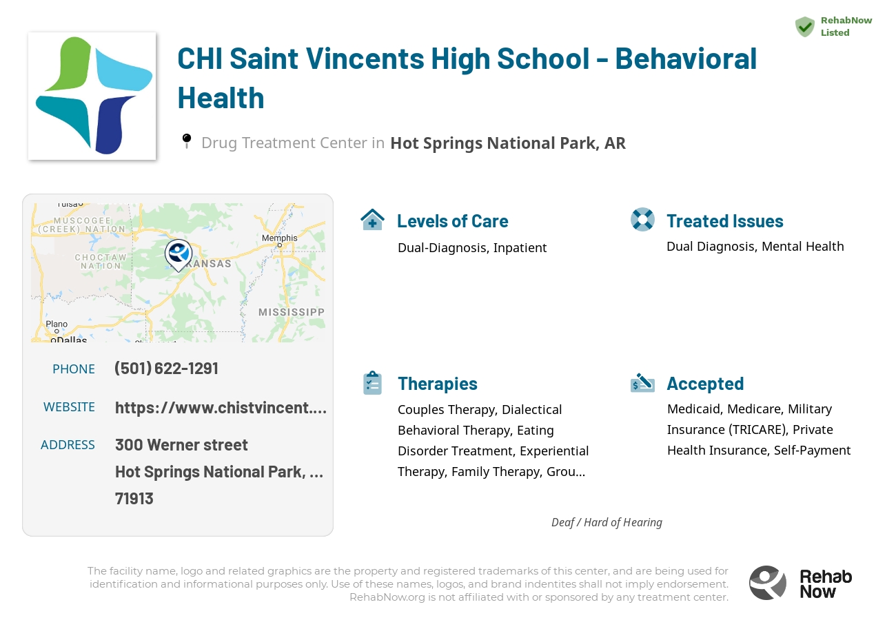 Helpful reference information for CHI Saint Vincents High School - Behavioral Health, a drug treatment center in Arkansas located at: 300 Werner street, Hot Springs National Park, AR, 71913, including phone numbers, official website, and more. Listed briefly is an overview of Levels of Care, Therapies Offered, Issues Treated, and accepted forms of Payment Methods.