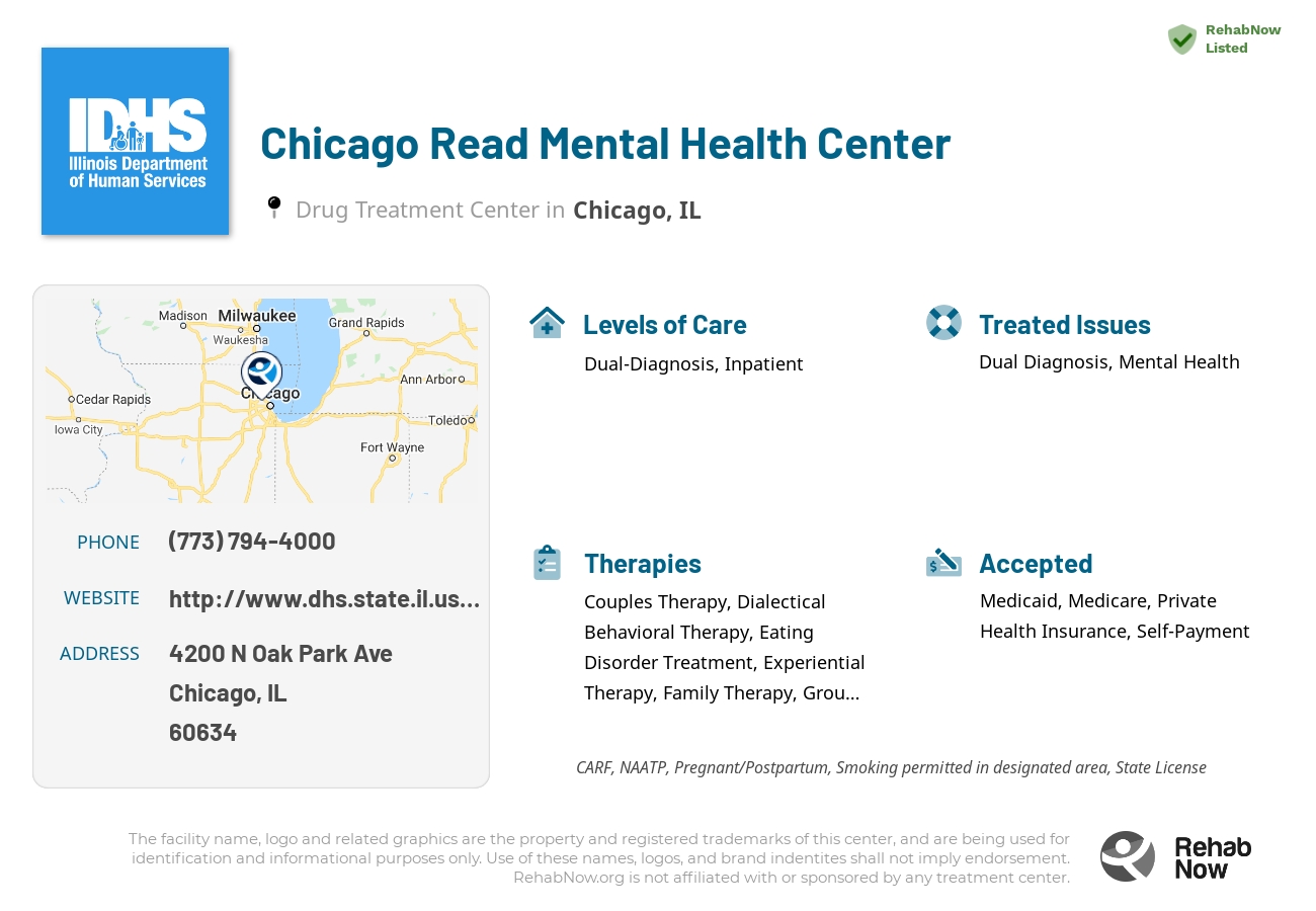 Helpful reference information for Chicago Read Mental Health Center, a drug treatment center in Illinois located at: 4200 N Oak Park Ave, Chicago, IL 60634, including phone numbers, official website, and more. Listed briefly is an overview of Levels of Care, Therapies Offered, Issues Treated, and accepted forms of Payment Methods.