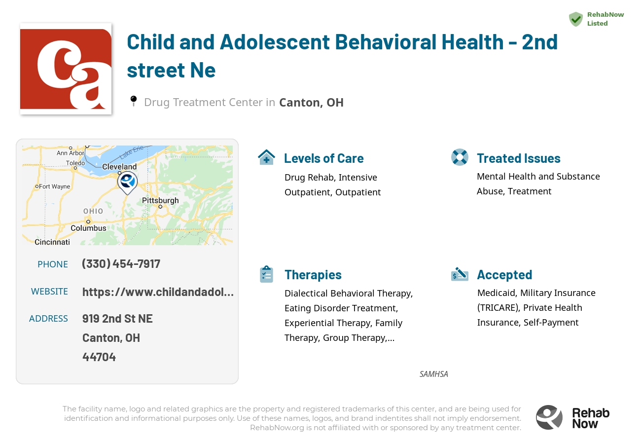 Helpful reference information for Child and Adolescent Behavioral Health - 2nd street Ne, a drug treatment center in Ohio located at: 919 2nd St NE, Canton, OH 44704, including phone numbers, official website, and more. Listed briefly is an overview of Levels of Care, Therapies Offered, Issues Treated, and accepted forms of Payment Methods.