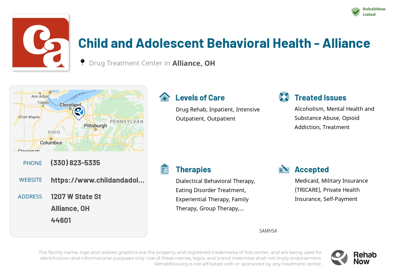 Helpful reference information for Child and Adolescent Behavioral Health - Alliance, a drug treatment center in Ohio located at: 1207 W State St, Alliance, OH 44601, including phone numbers, official website, and more. Listed briefly is an overview of Levels of Care, Therapies Offered, Issues Treated, and accepted forms of Payment Methods.