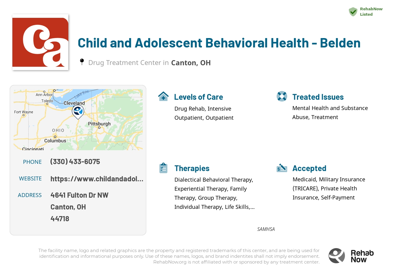 Helpful reference information for Child and Adolescent Behavioral Health - Belden, a drug treatment center in Ohio located at: 4641 Fulton Dr NW, Canton, OH 44718, including phone numbers, official website, and more. Listed briefly is an overview of Levels of Care, Therapies Offered, Issues Treated, and accepted forms of Payment Methods.