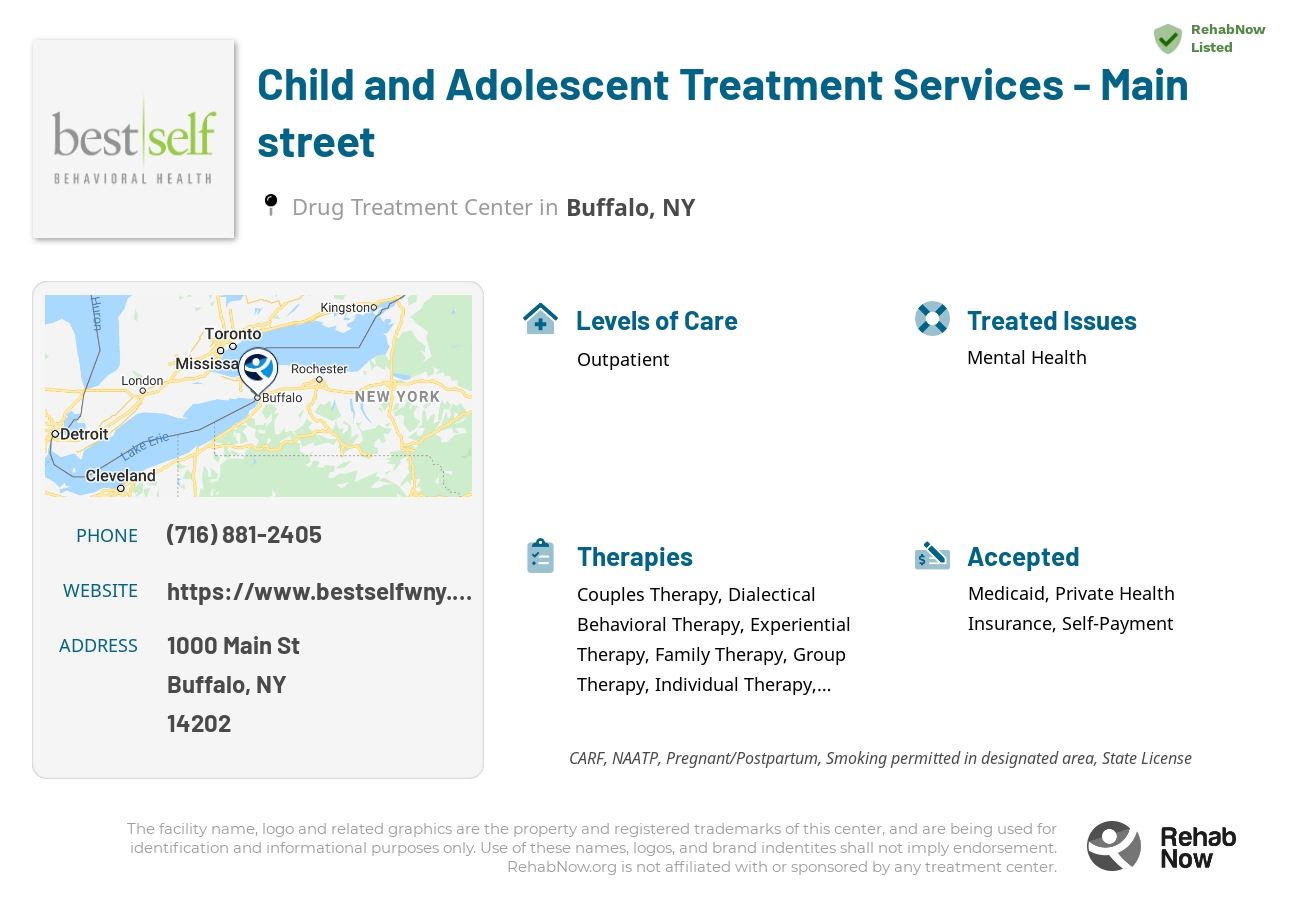 Helpful reference information for Child and Adolescent Treatment Services - Main street, a drug treatment center in New York located at: 1000 Main St, Buffalo, NY 14202, including phone numbers, official website, and more. Listed briefly is an overview of Levels of Care, Therapies Offered, Issues Treated, and accepted forms of Payment Methods.