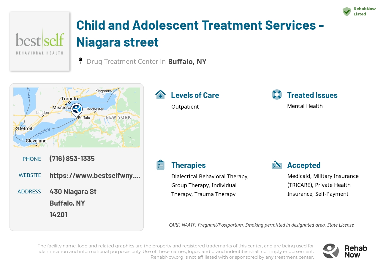 Helpful reference information for Child and Adolescent Treatment Services - Niagara street, a drug treatment center in New York located at: 430 Niagara St, Buffalo, NY 14201, including phone numbers, official website, and more. Listed briefly is an overview of Levels of Care, Therapies Offered, Issues Treated, and accepted forms of Payment Methods.