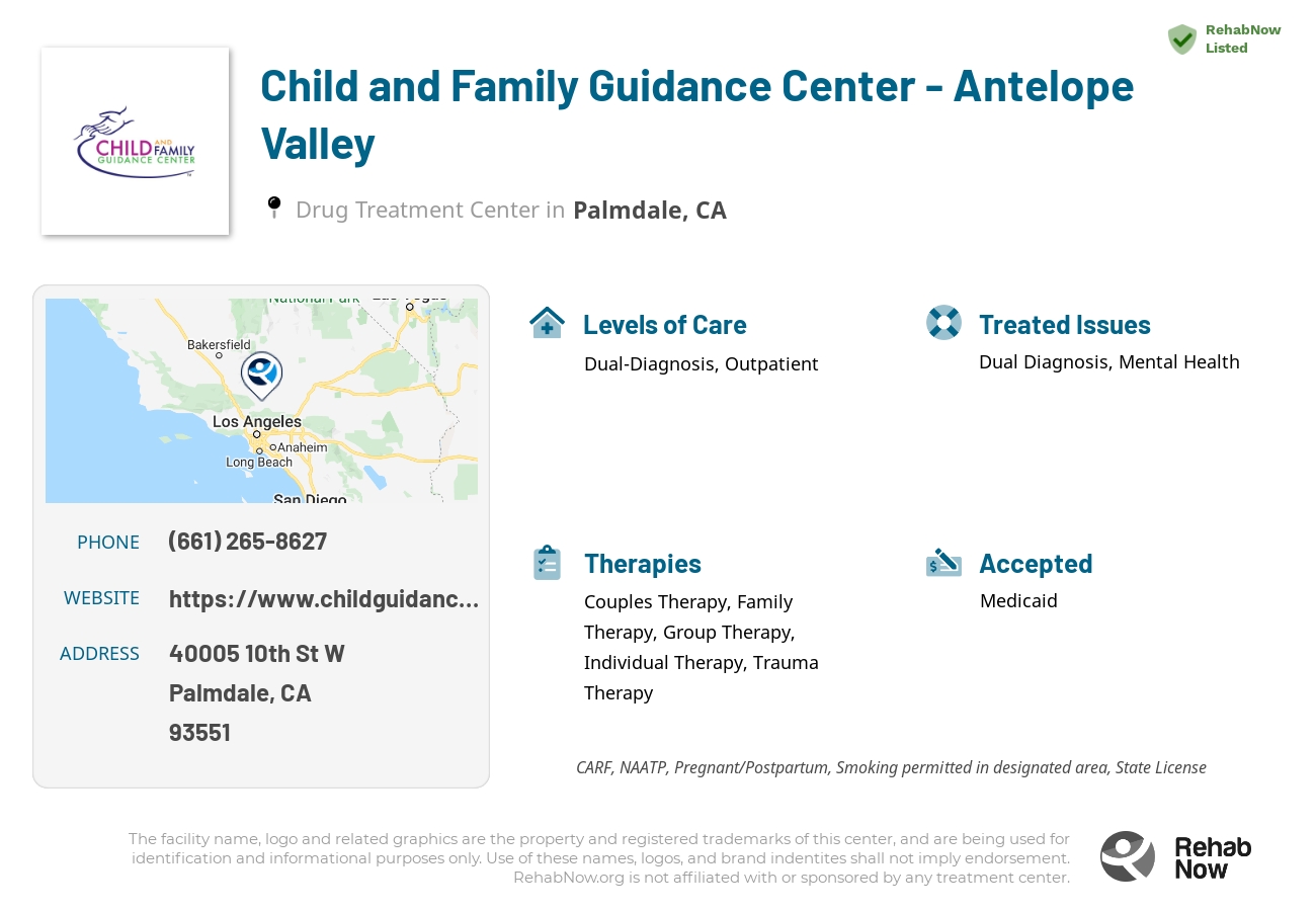Helpful reference information for Child and Family Guidance Center - Antelope Valley, a drug treatment center in California located at: 40005 10th St W, Palmdale, CA 93551, including phone numbers, official website, and more. Listed briefly is an overview of Levels of Care, Therapies Offered, Issues Treated, and accepted forms of Payment Methods.