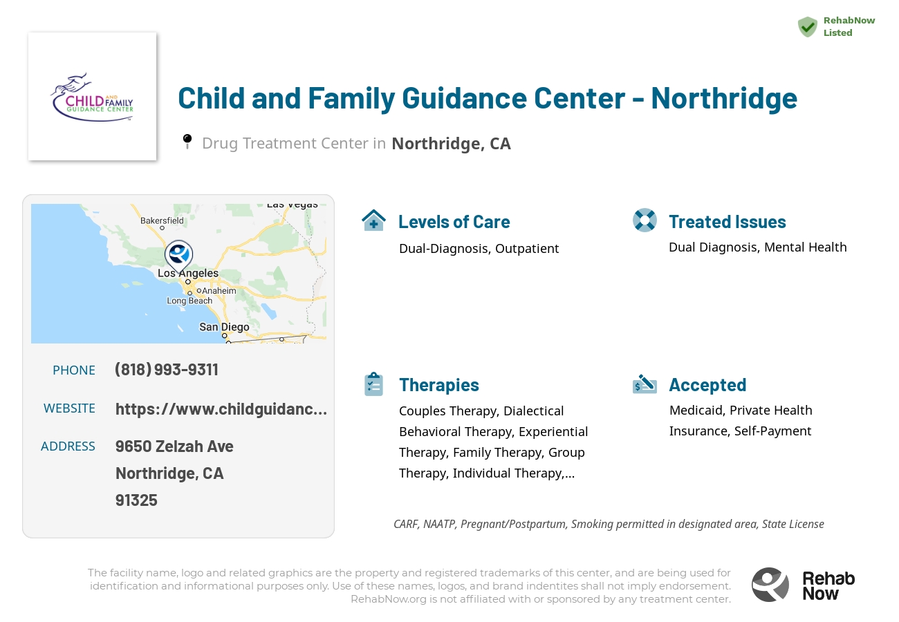 Helpful reference information for Child and Family Guidance Center - Northridge, a drug treatment center in California located at: 9650 Zelzah Ave, Northridge, CA 91325, including phone numbers, official website, and more. Listed briefly is an overview of Levels of Care, Therapies Offered, Issues Treated, and accepted forms of Payment Methods.