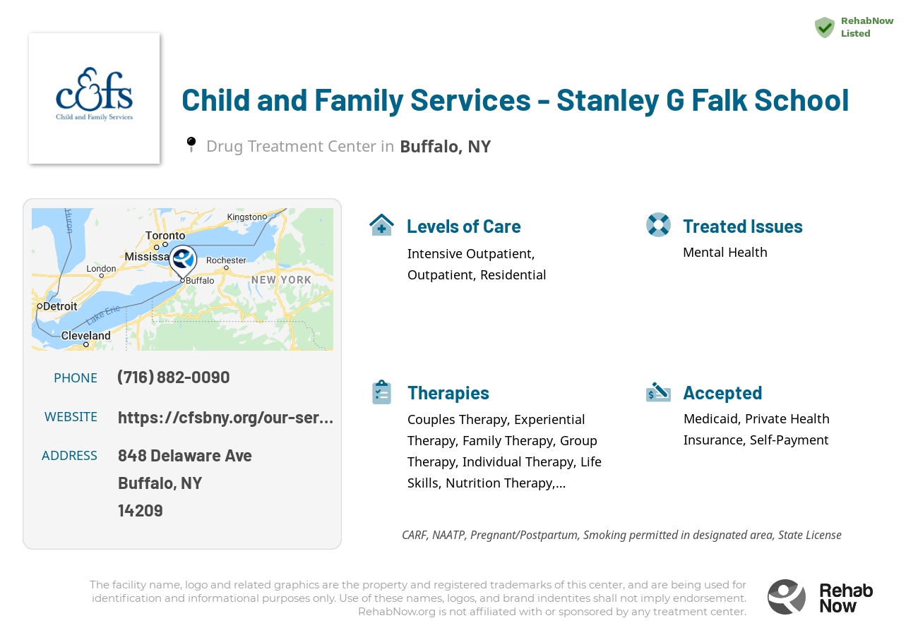 Helpful reference information for Child and Family Services - Stanley G Falk School, a drug treatment center in New York located at: 848 Delaware Ave, Buffalo, NY 14209, including phone numbers, official website, and more. Listed briefly is an overview of Levels of Care, Therapies Offered, Issues Treated, and accepted forms of Payment Methods.