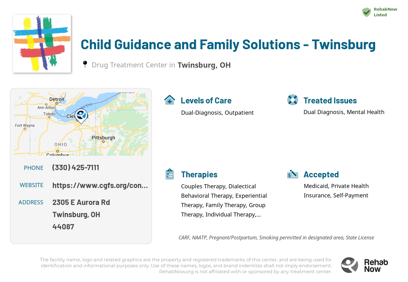 Helpful reference information for Child Guidance and Family Solutions - Twinsburg, a drug treatment center in Ohio located at: 2305 E Aurora Rd, Twinsburg, OH 44087, including phone numbers, official website, and more. Listed briefly is an overview of Levels of Care, Therapies Offered, Issues Treated, and accepted forms of Payment Methods.