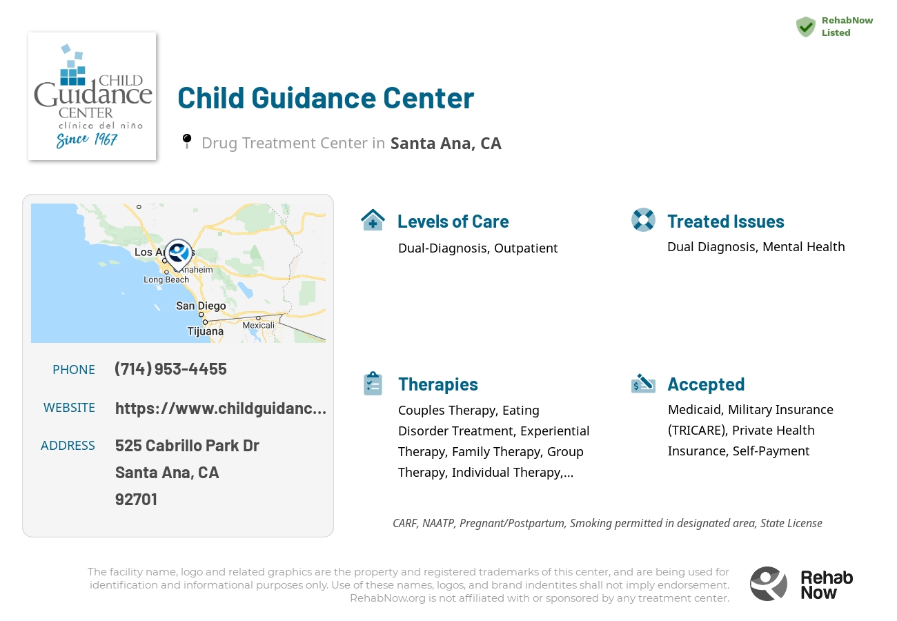 Helpful reference information for Child Guidance Center, a drug treatment center in California located at: 525 Cabrillo Park Dr, Santa Ana, CA 92701, including phone numbers, official website, and more. Listed briefly is an overview of Levels of Care, Therapies Offered, Issues Treated, and accepted forms of Payment Methods.