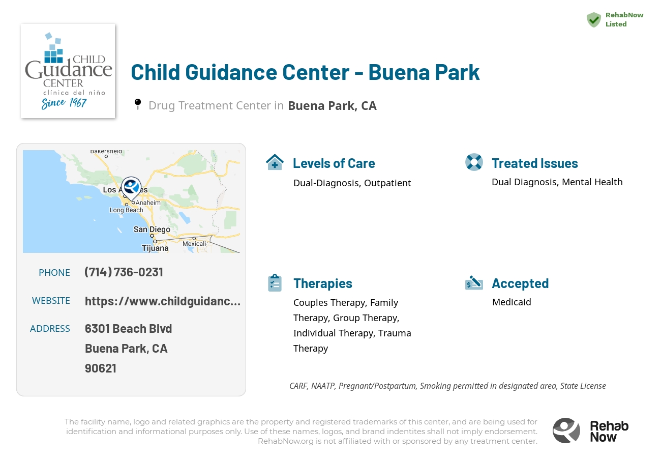 Helpful reference information for Child Guidance Center - Buena Park, a drug treatment center in California located at: 6301 Beach Blvd, Buena Park, CA 90621, including phone numbers, official website, and more. Listed briefly is an overview of Levels of Care, Therapies Offered, Issues Treated, and accepted forms of Payment Methods.