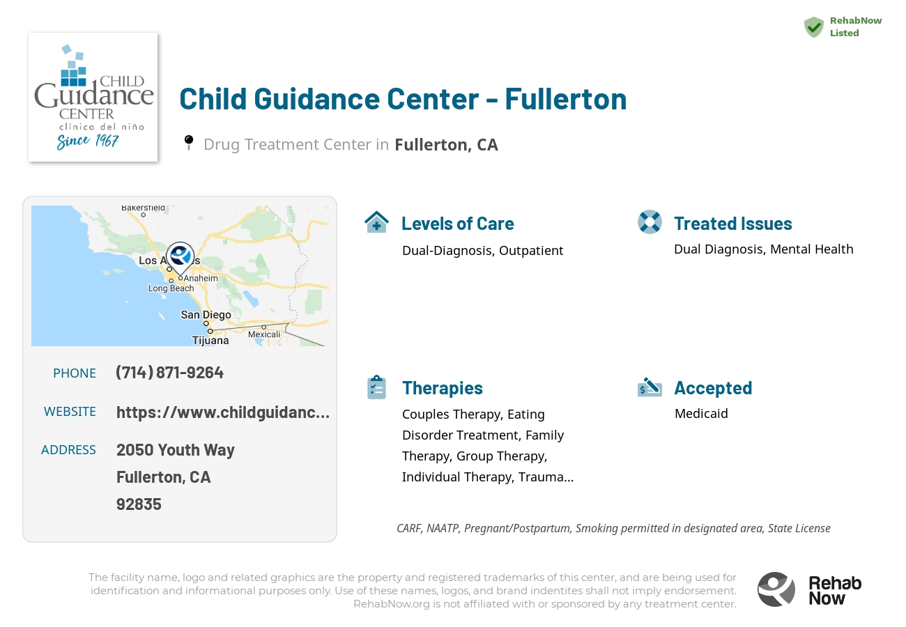 Helpful reference information for Child Guidance Center - Fullerton, a drug treatment center in California located at: 2050 Youth Way, Fullerton, CA 92835, including phone numbers, official website, and more. Listed briefly is an overview of Levels of Care, Therapies Offered, Issues Treated, and accepted forms of Payment Methods.