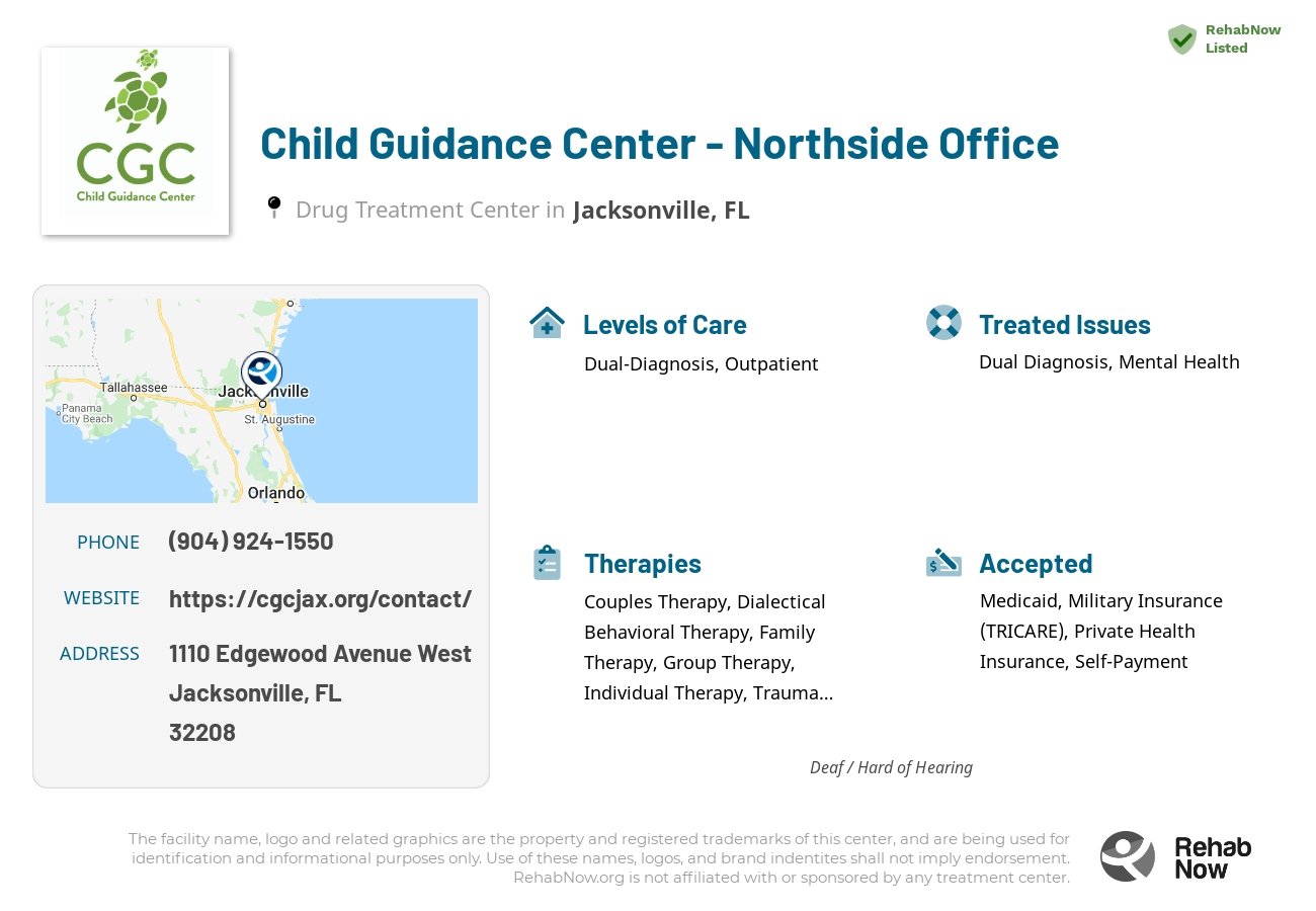 Helpful reference information for Child Guidance Center - Northside Office, a drug treatment center in Florida located at: 1110 Edgewood Avenue West, Jacksonville, FL, 32208, including phone numbers, official website, and more. Listed briefly is an overview of Levels of Care, Therapies Offered, Issues Treated, and accepted forms of Payment Methods.