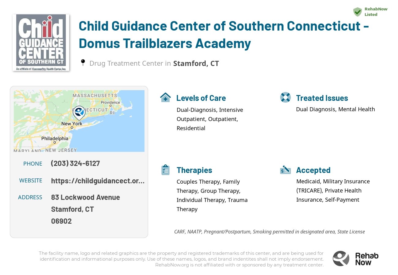 Helpful reference information for Child Guidance Center of Southern Connecticut - Domus Trailblazers Academy, a drug treatment center in Connecticut located at: 83 Lockwood Avenue, Stamford, CT, 06902, including phone numbers, official website, and more. Listed briefly is an overview of Levels of Care, Therapies Offered, Issues Treated, and accepted forms of Payment Methods.