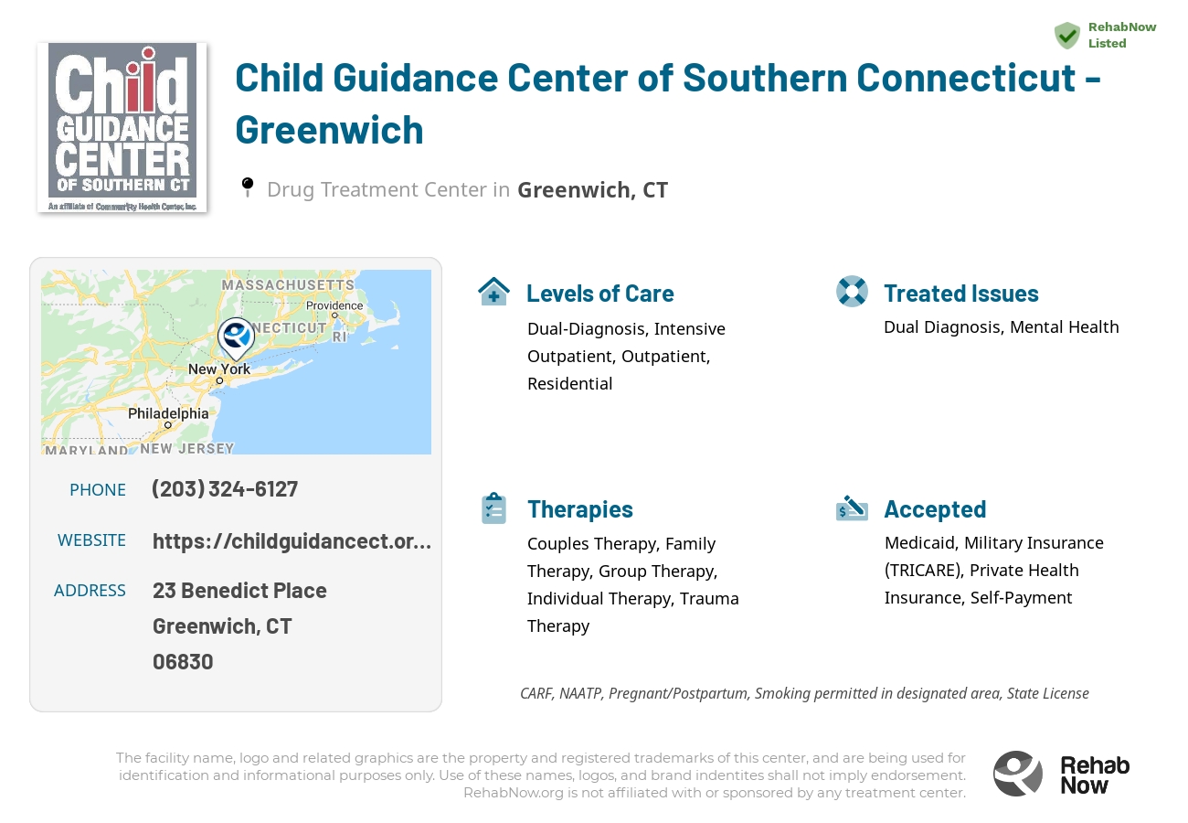 Helpful reference information for Child Guidance Center of Southern Connecticut - Greenwich, a drug treatment center in Connecticut located at: 23 Benedict Place, Greenwich, CT, 06830, including phone numbers, official website, and more. Listed briefly is an overview of Levels of Care, Therapies Offered, Issues Treated, and accepted forms of Payment Methods.